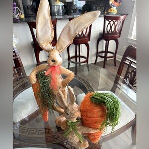 🤎🧡PIER 1 PAPER MACHE & STRAW NATURAL EASTER BUNNIES WITH LARGE CARROTS!🤎🧡